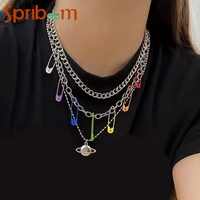 planet pendants chain necklaces for women colorful pins men necklace punk multi layer cuban chains male neck jewelry accessories