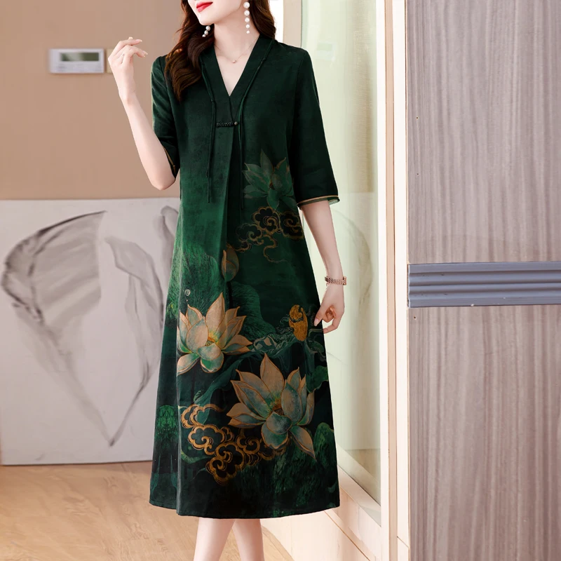 

Noblewoman high-end fragrant gauze silk dress female 2023 summer new mother middle-aged and elderly ethnic style