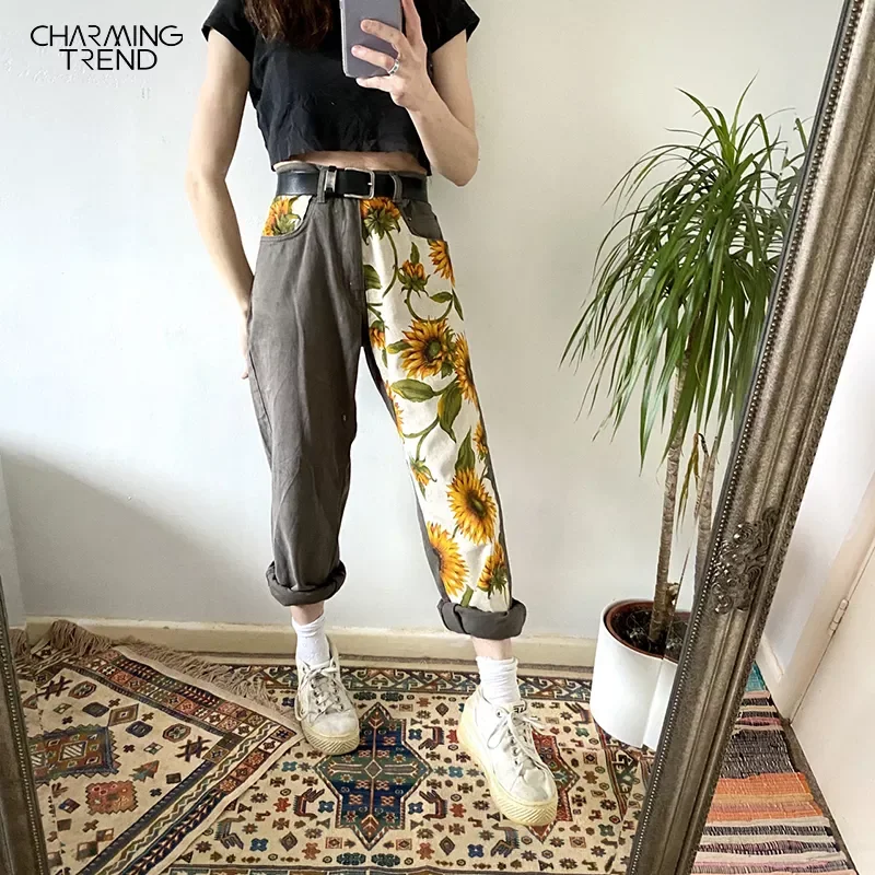 

Women Harem Gray Jeans High Waist Daisy Sunflower Printed Cute Retro Splice Denim Female Streetwear Straight Ladies Jean Pants