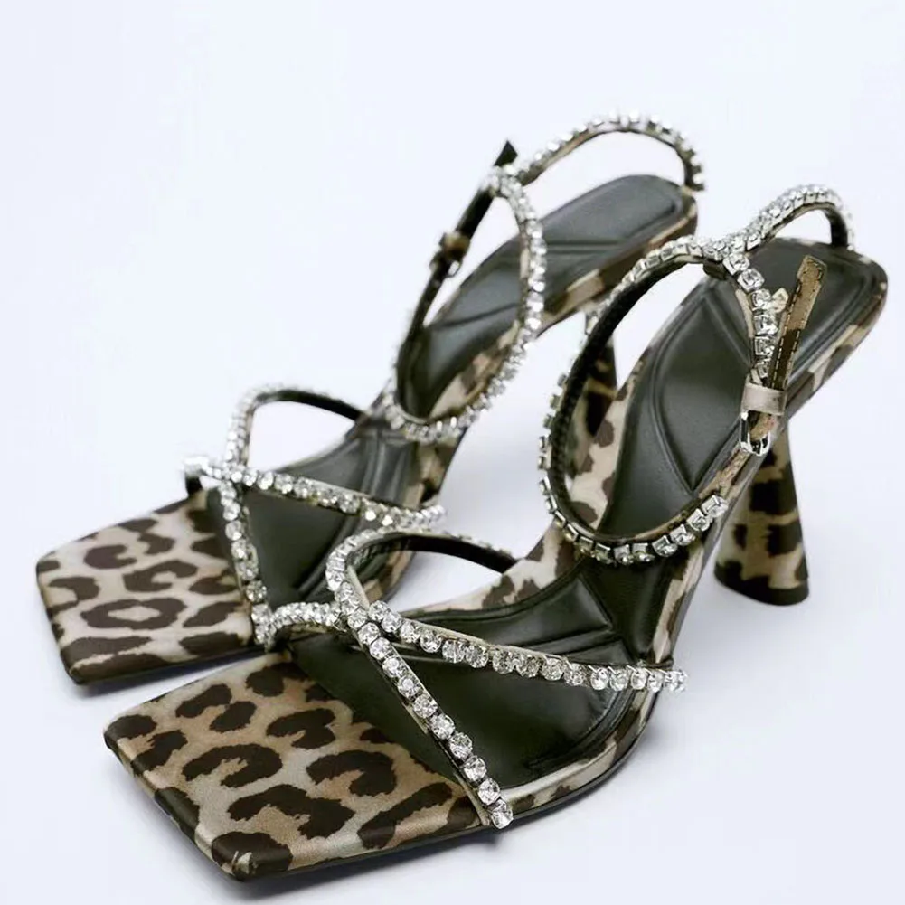 

2022 SQUARED TOES Women Shoes Elegant HEELED ANIMAL PRINT SANDALS GEOMETRIC HEELS Summer SPARKLY STRAPPY SANDALS