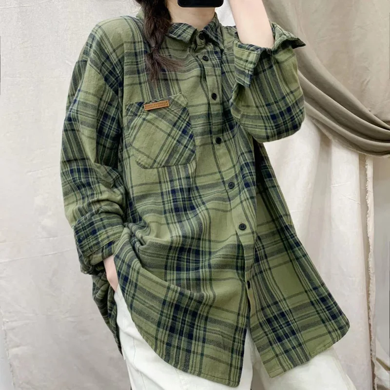 

2022 винтажная клетчатая рубашка, Женская свободная модная блузка, женские блузки с длинным рукавом, хлопковая льняная Повседневная рубашка, женские топы, блузы