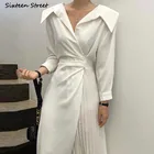 Белое элегантное облегающее платье, женское платье с отложным воротником и длинным рукавом, женское модельное корейское модное Деловое платье