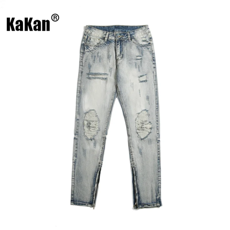 Kakan - New High-street Style Street Vintage Jeans, Ripped Zipper Pants Trend Slim Fit Jeans K09-620
