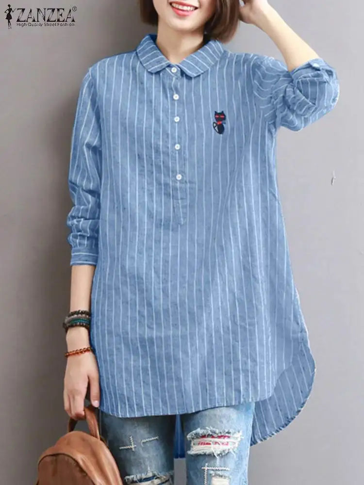 

Рубашка ZANZEA Женская с длинным рукавом, винтажная блузка свободного покроя, Повседневный пуловер в полоску, с воротником с лацканами, больши...