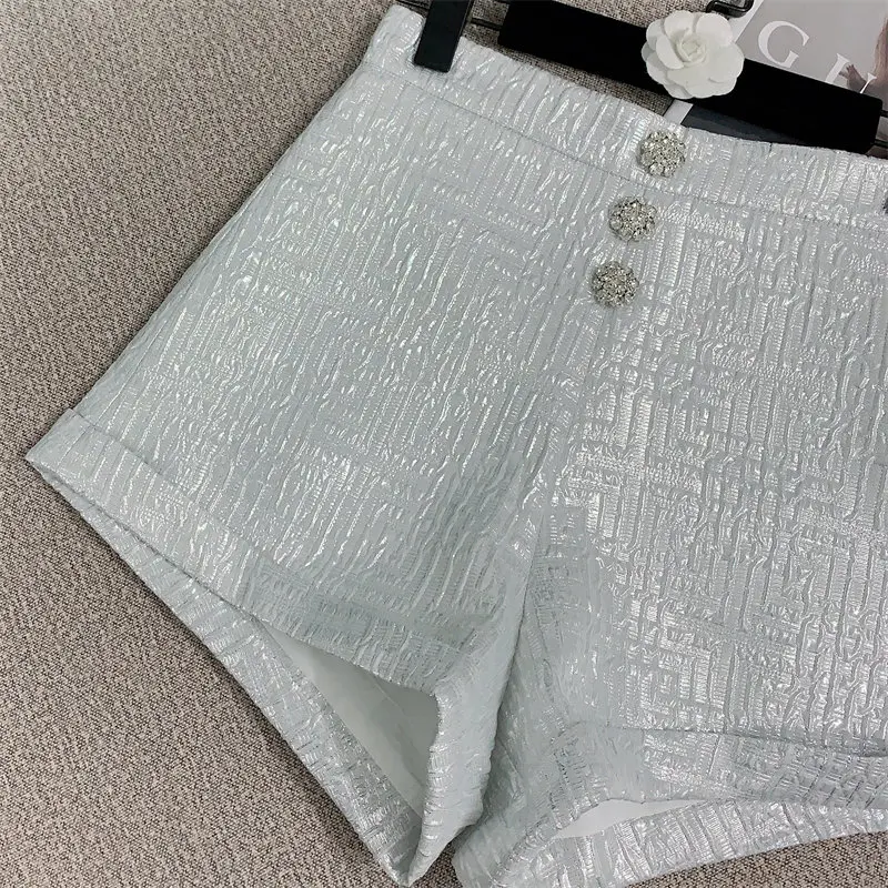 2023 Summer Rhinestone Buttons Shorts Women New Sexy Hot Girl Trendy Wide-Leg High Waist Casual Floating Pattern Flanging Shorts