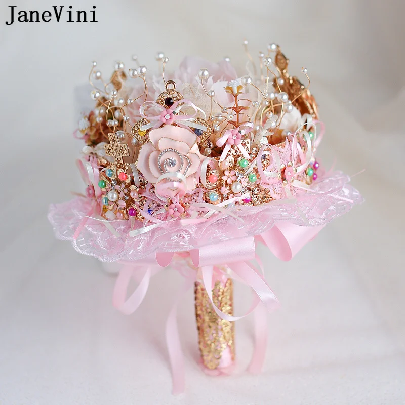 

JaneVini Pink Crystal Wedding Flowers Bridal Bouquets for Hand Luxurious Pearls Crown Brides Wedding Bouquet Flores Novia Boda