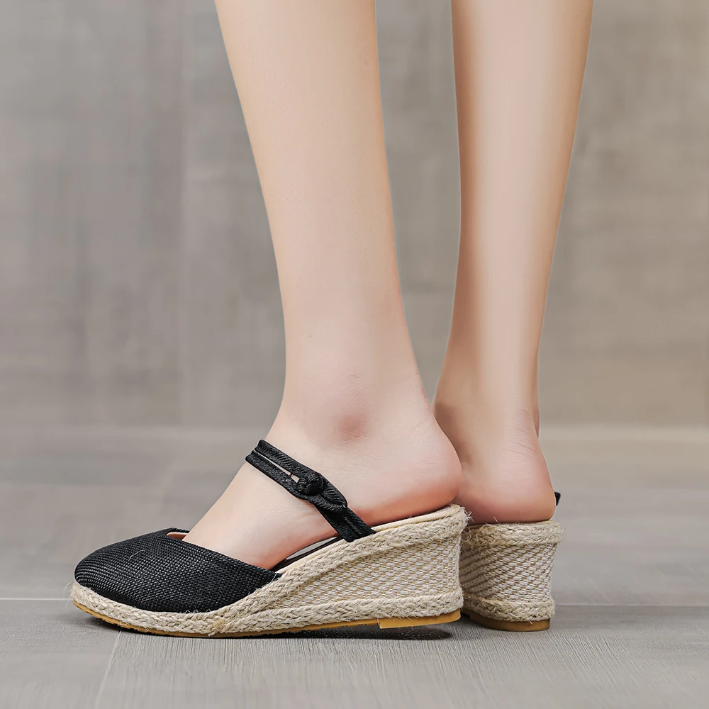 Фото Veowalk Summer Women Plain Linen Wedge Espadrilles Slides 6cm Heel Retro Comfortable Ladies Casual Sandals Mules Shoes Black Red №2
