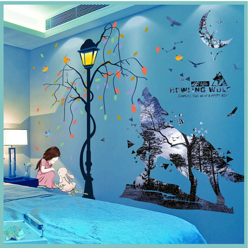

[SHIJUEHEZI] Wolf Animal Wall Stickers DIY Street Light Girl Mural Decals for Kids Rooms Baby Bedroom Nursery Home Decoration