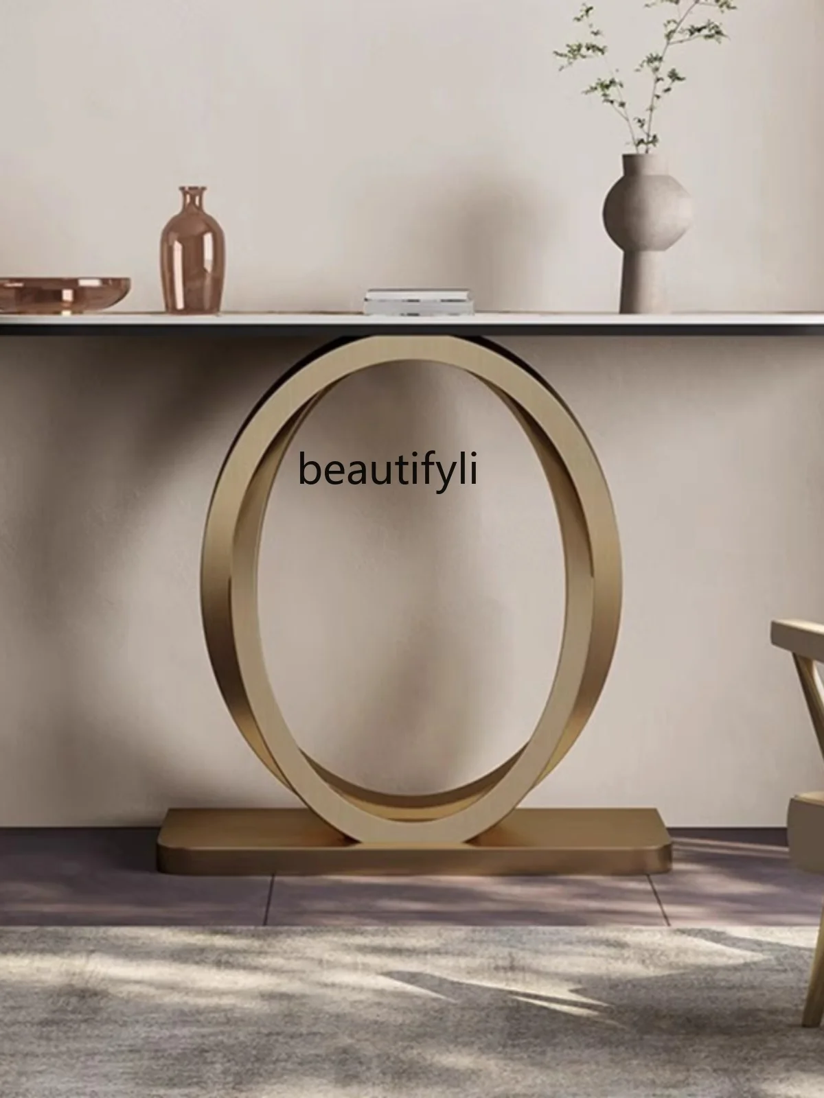 lekki luksusowy stolik wejściowy ze stali nierdzewnej korytarz przy ścianie stół z widokiem na końcu kamiennej płyty półokrągły