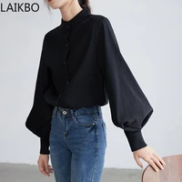 big lantern sleeve blouse women autumn winter single breasted stand collar shirts office work blouse solid vintage blouse shirts