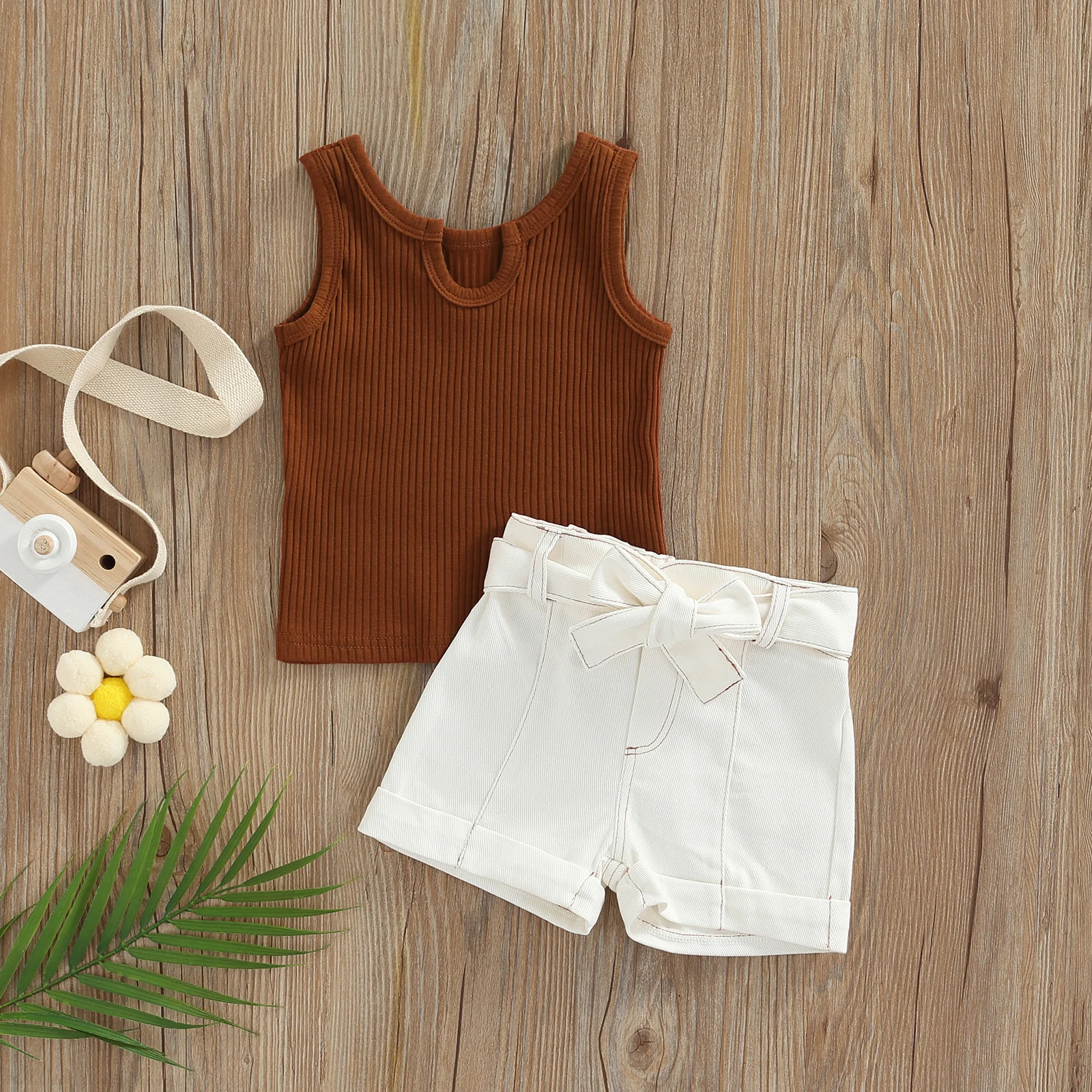 

TR New Summer Kids Girls Shorts Suit Solid Knitted Sleeveless Tops Belted White Denim Shorts Clothes Set