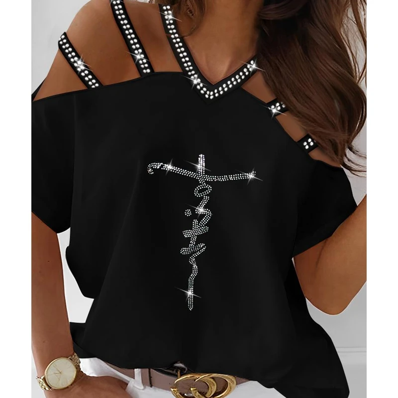 

Женская футболка с коротким рукавом и V-образным вырезом, на весну и лето