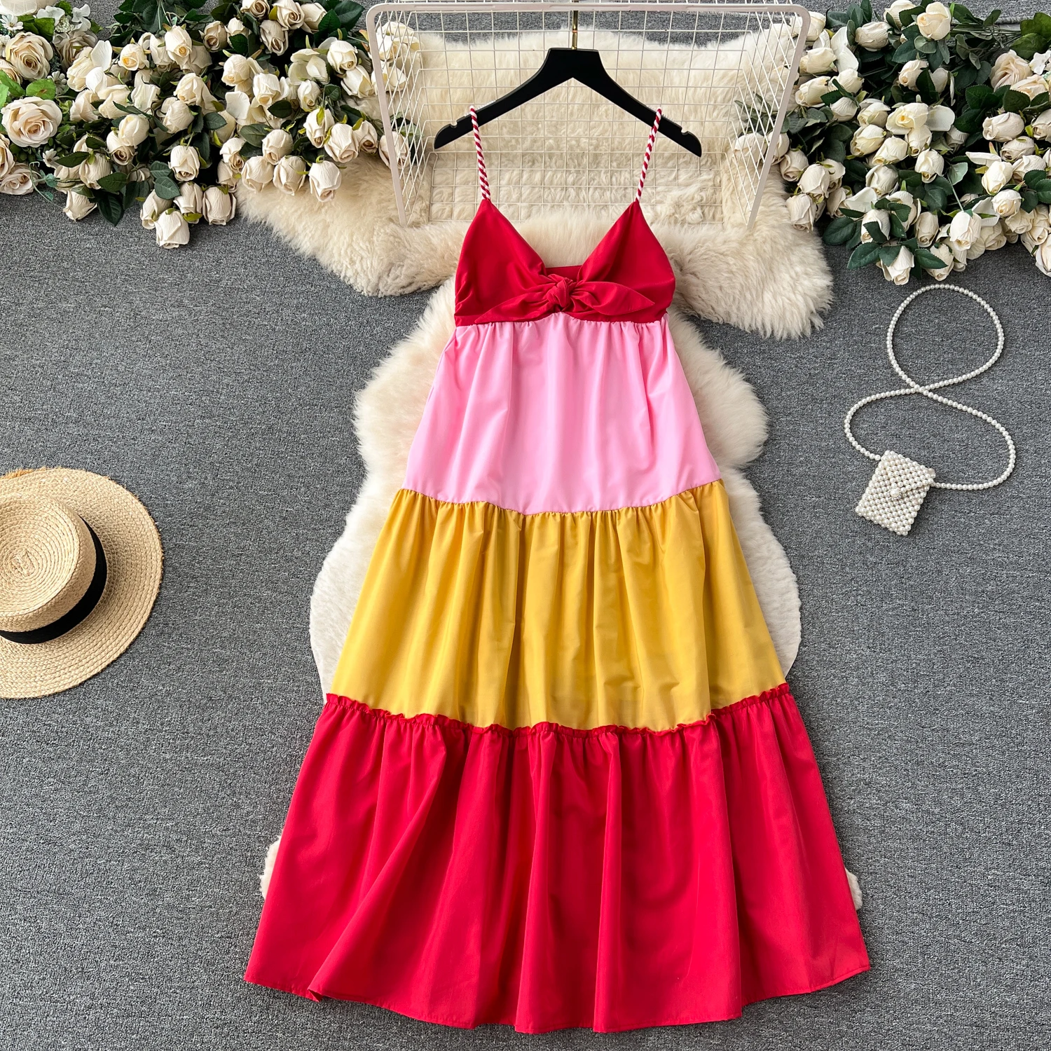 

Clothland Women Sexy Bow Tie Cami Dress Spaghetti Straps V Neck Sleeveless Backless Beach Wear Midi Dresses Vestido QC539