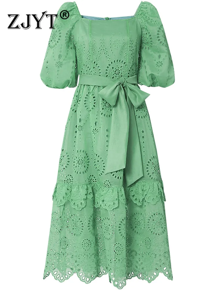 

ZJYT Fashion Runway Summer Puff Sleeve Hollow Out Embroidery Dress Women Square Collar Sashes Vintage Midi Party Vestidos Green