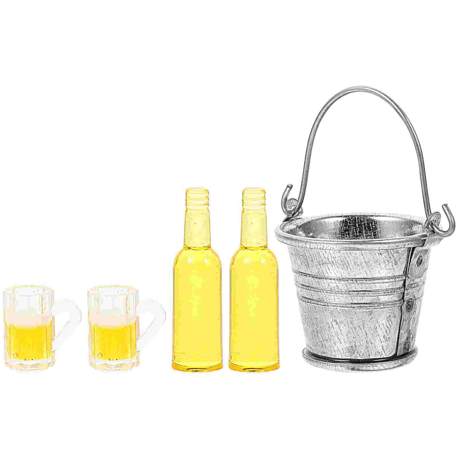 

Mini Beer Set House Adornment Bottle Model Resin Cup Cubes Miniature Decor Ice Bucket Simulated