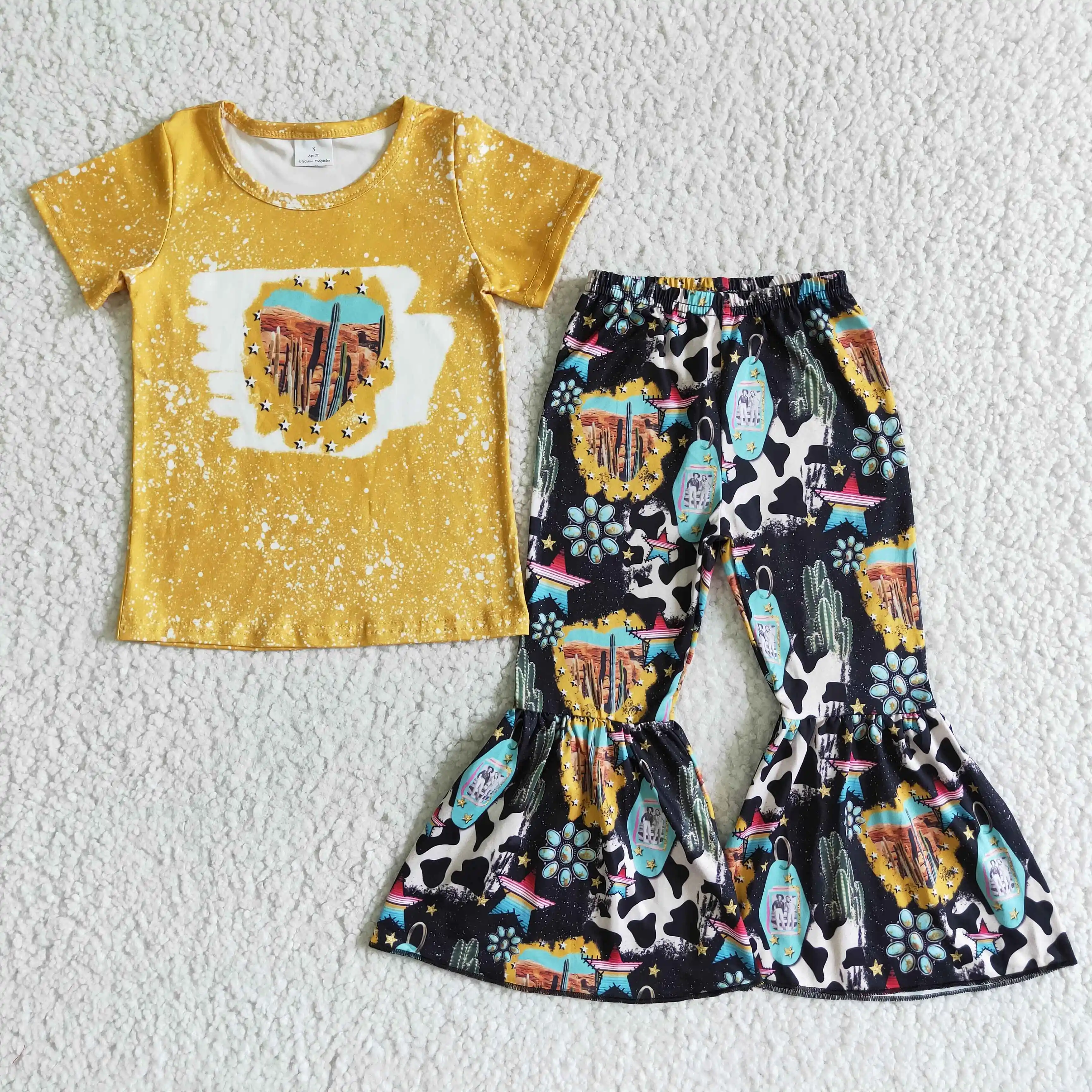 

Western cowgirl cactus girl's bell bottom pants summer short sleeve yellow bleach t-shirt boutique fashion 2 piece set