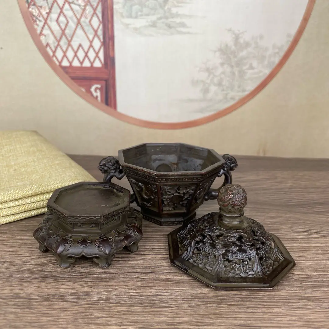 Антикварная рельефная курильница из бронзы четыре священных зверей для