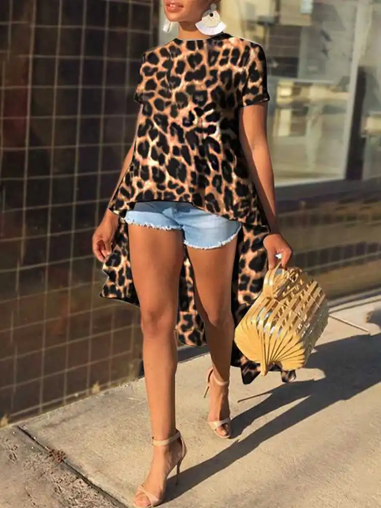 

2023 VONDA Fashion Women Blouse Long Tops Bohemian Leopard Printed Casual Asymmetrical Short Sleeve Party Shirts Tunic