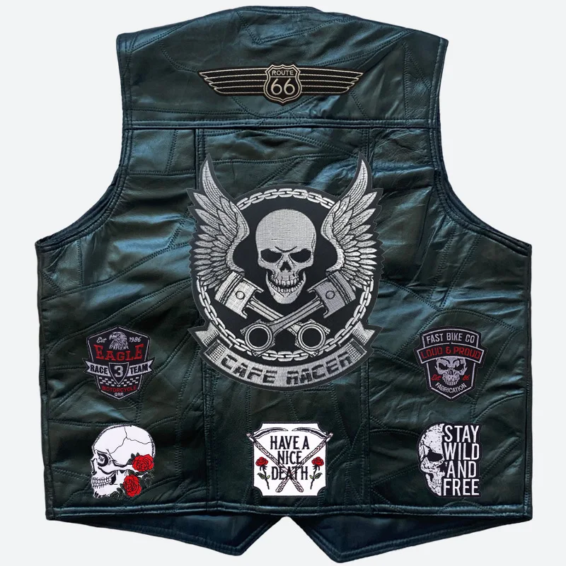 

Men Embroidery Vest Leather Biker Sleeveless Jacket Punk Retro Locomotive Genuine Sheepskin Motorcycle Vests Suit Hip Hop Coat