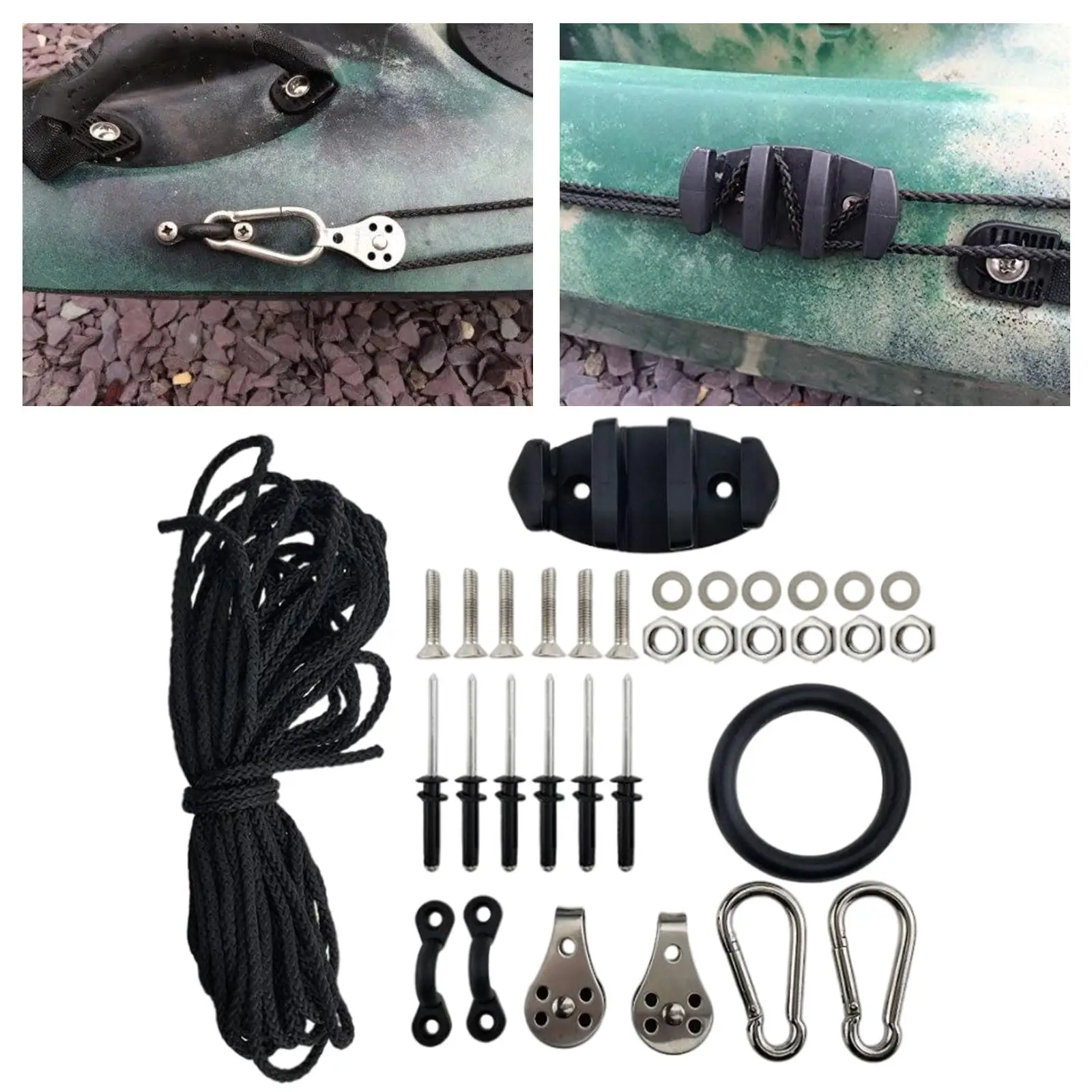 

Kayak Anchor Trolley Kit 30ft Rope Screws Pad Eyes Rivets Marine Accessories