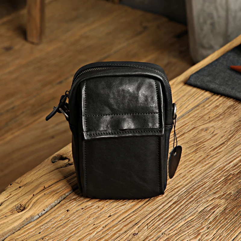 EUMOAN  Original handmade summer men's small bag black simple men's messenger bag first layer cowhide shoulder bag mini