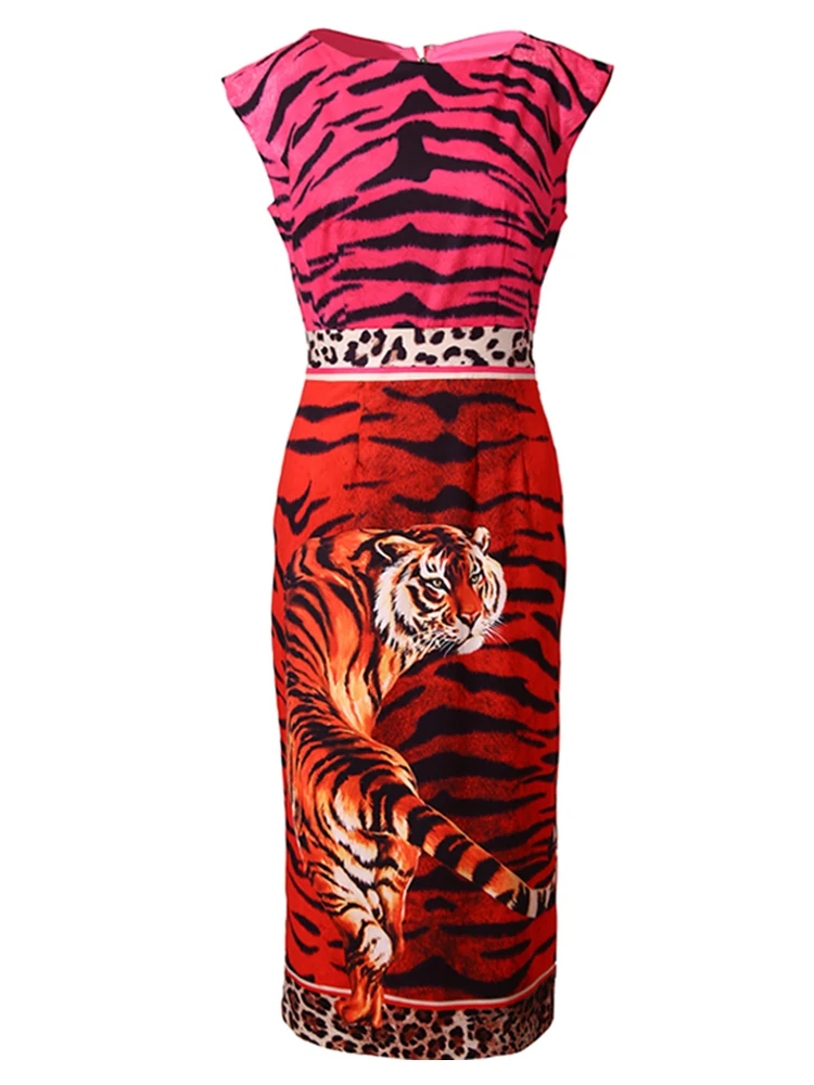 

Designer 2022 Summer Elegant Midi Dress Women Red Leopard Tiger Printed Sleeveless Sexy Slim Office Lady