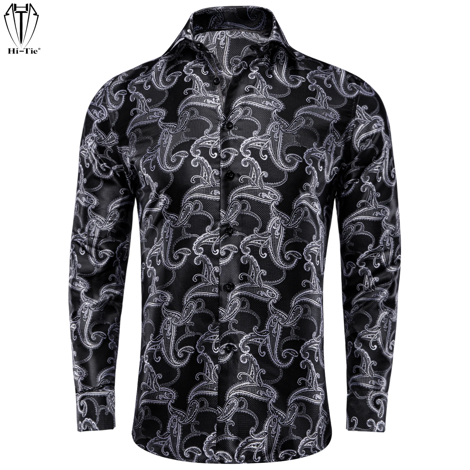 Hi-Tie Men's Silk Shirts Long Sleeve Lapel Black Grey Paisley Shirt For Male Soft Breathable High Quality Business Daily Use XXL