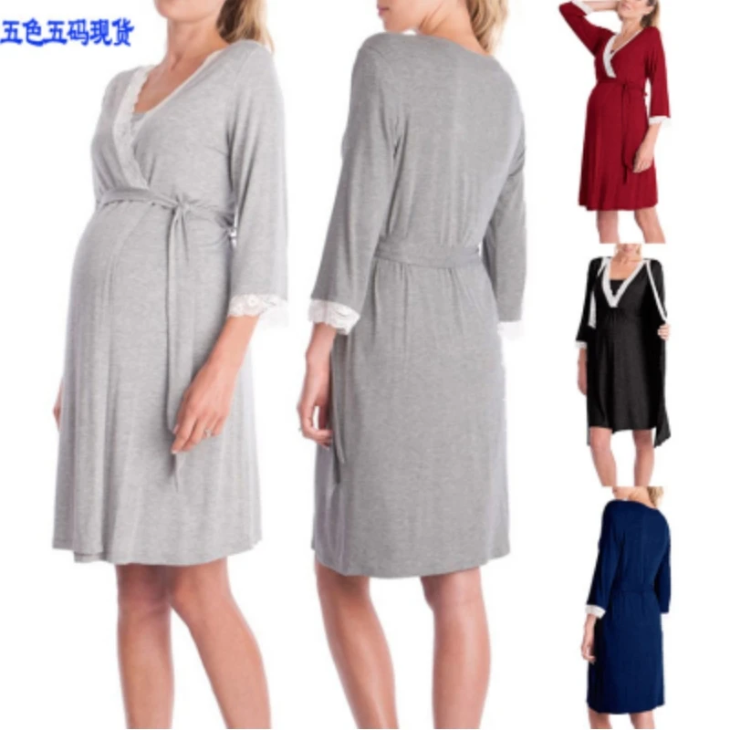 

Women's Cotton Dresses Lace 3/4 Sleeve Maternity Dress Gown Pajamas S-XXL