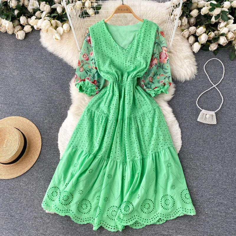 2024 Новое женское платье с v-образным вырезом и коротким рукавом цветочным принтом