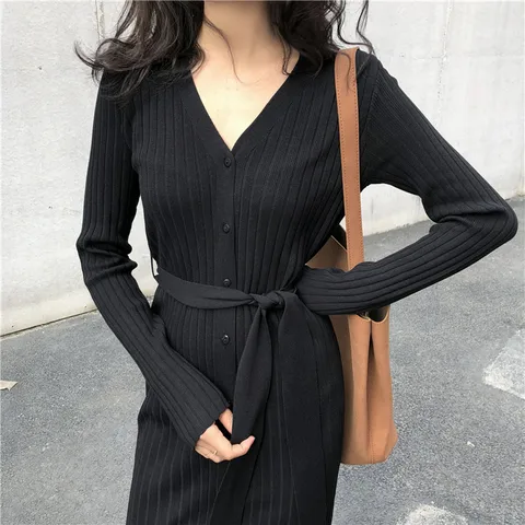Autumn Women V-Neck Dress Harajuku Solid Single Breasted Slim Dresses Ladies Lace-Up Long Sleeve Knitted Vestidos Female