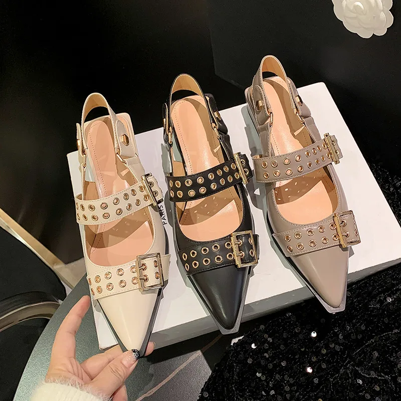 Autuspin Summer Thick Heels Fashion Women Slingbacks Pumps Genuine Leather Casual Shoes Street Style Pointed Toe Ladies Shoes
