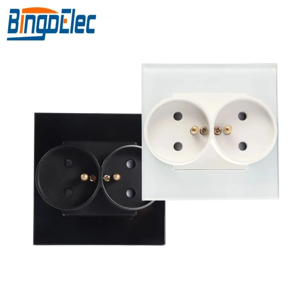 Bingoelec Double head French E type Socket Safety Tempered Glass panel CE EU Standard 16A 110-250V Wall Power 2 AC plug | Обустройство