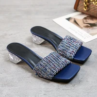 womens summer party slippers fashion sewing outdoor high heel sandals 2022 temperament crystal thick heel slippers large size