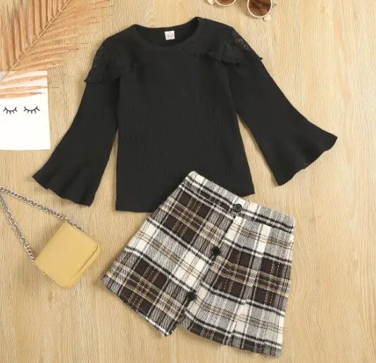 

Pudcoco 2Pcs Girls Toddler Kids Long Flare Sleeve Black Ruffles Pullover Tops+Plaid Mini A-Line Skirt Clothes Sets Knitwear