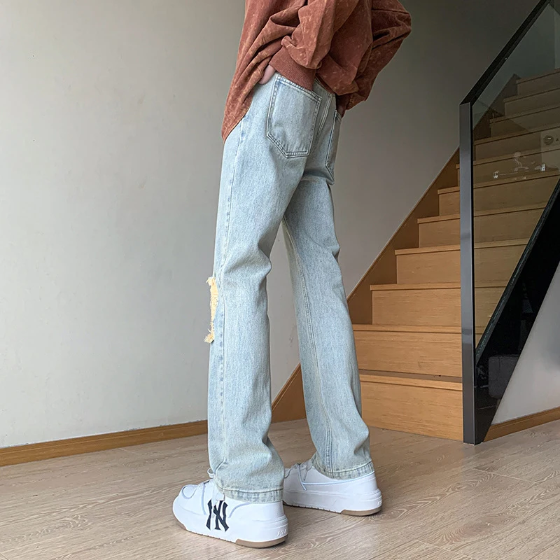 DEEPTOWN Ripped Straight Jeans for Men Loose Hip Hop Hole Denim Pants Male Casual Trousers Streetwear Punk Korean Style Spring