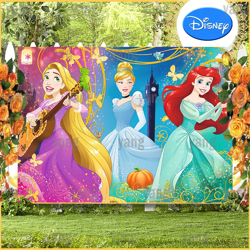 Disney Girl Baby The Little Mermaid Cinderella Background Backdrop Cartoon Princess Birthday Party Banner Decoration Photo Shoot