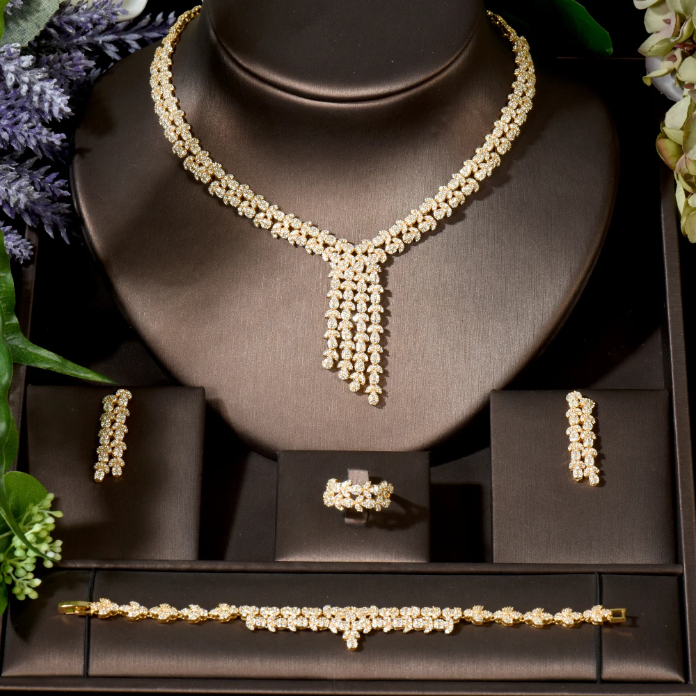 Fashion New Charm Long Tassel  Pendientes Necklace Sets Full Cubic Zirconia Shiny Bridal Dubai Jewelry Sets For Women N-1547