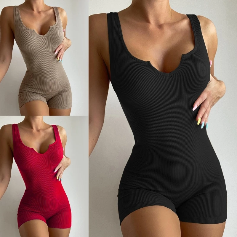 

Womens Sexy Notch V-Neck Shorts Rompers Basic Solid Bodycon Sleeveless Jumpsuits