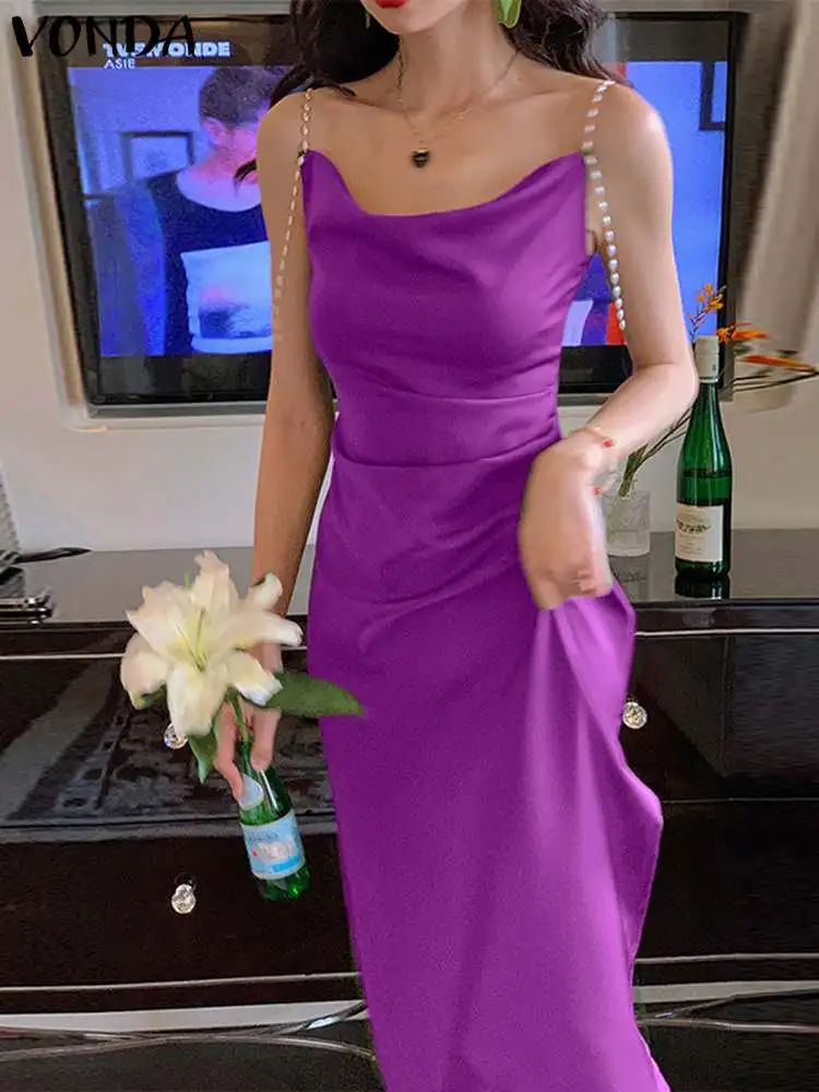 

VONDA 2022 Elegant Women Sleeveless Robe Holiday Sundress Backless Evening Party Polyester Slip Dress Tunic Long Vestidos Femme