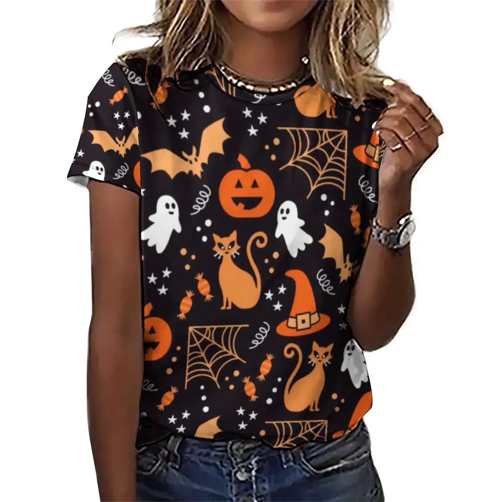 

Spooky Halloween T Shirts Skull And Pumpkins Trendy Fashion T Shirt Short Sleeve Elegant Big Size Tee Shirt Beach Pattern Tops