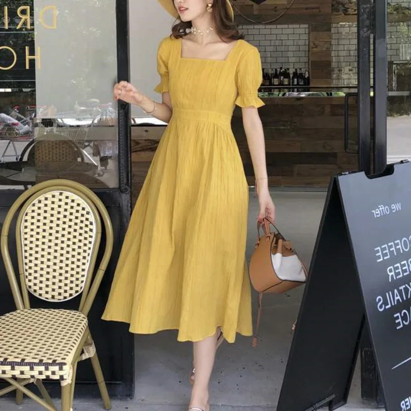 

2023 Summer Dresses Women New Korean Pure Color Sweet Waist A-line Skirt Square Neck Fashion Beach Dress Vestidos Para Mujer