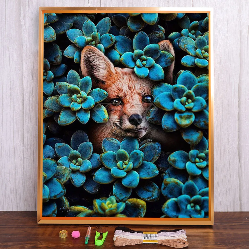 

Flower Animals Cat Horse Tiger Lion Fox Flamingo Printed Water-Soluble Canvas 11CT Cross Stitch Complete Kit Counted