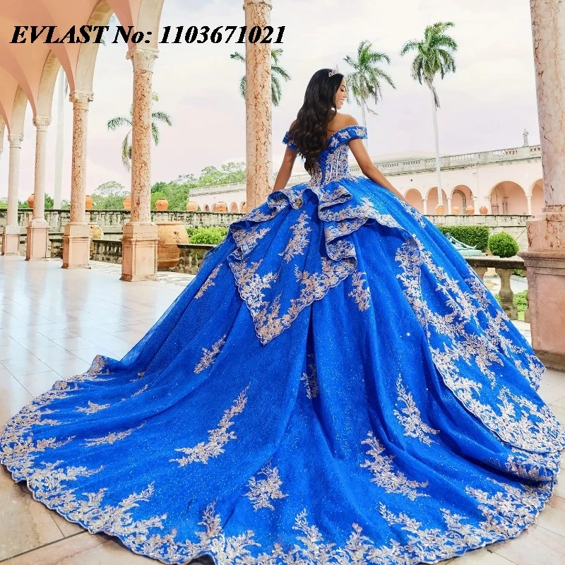 EVLAST принцесса Королевский синий платье Quinceanera с открытыми плечами Золотая