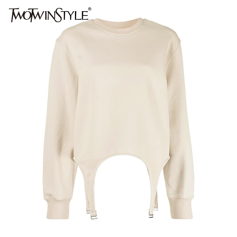 

TWOTWINSTYLE Minimalist Irregular Hem Women's Sweatshirt Round Neck Long Sleeve Casual Loose Sweatshirts Female 2022 Spring New