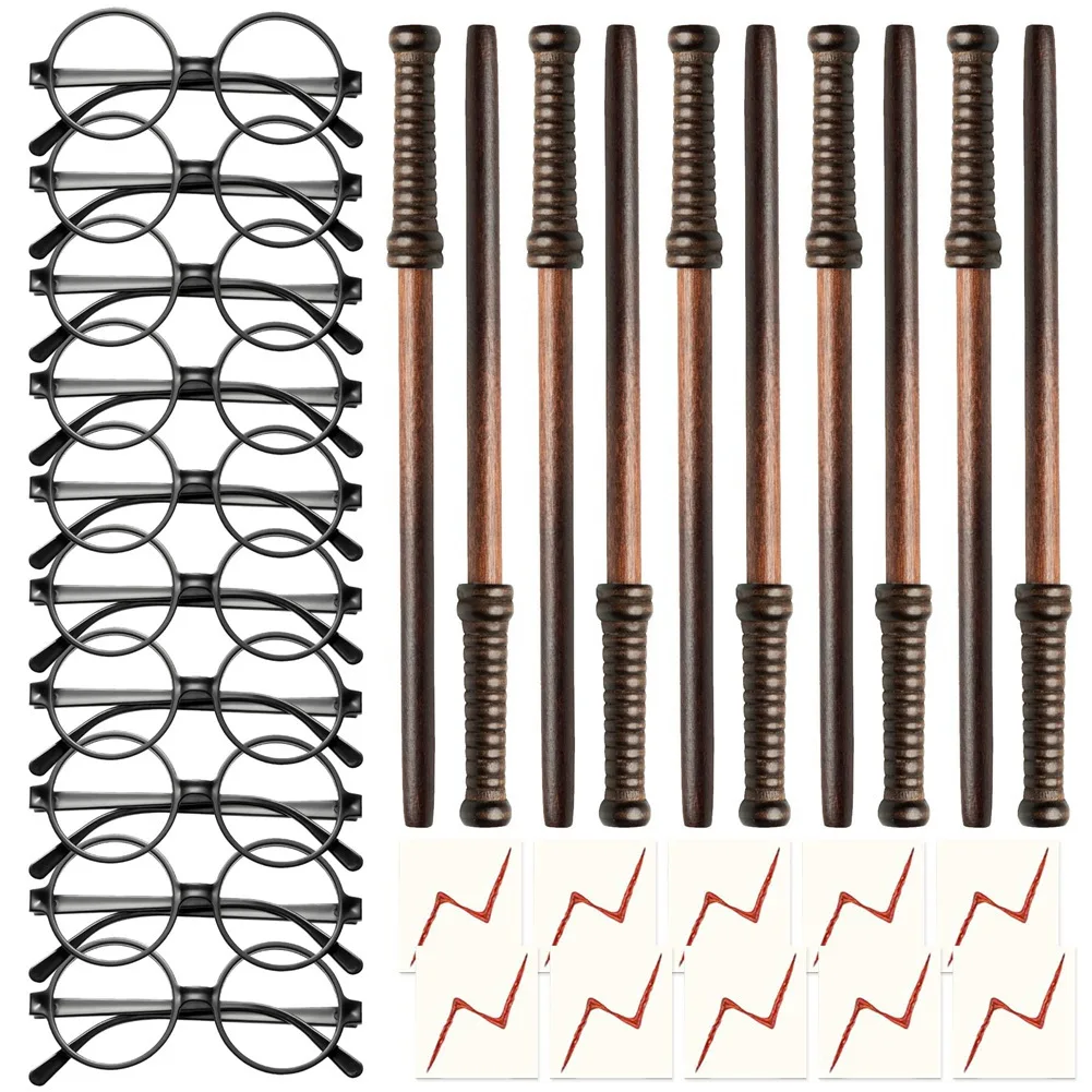 

30Pcs Wizard Wand Pencils Costume Glasses with Round Frame No Lenses and Flash Tattoos Sticker Kit