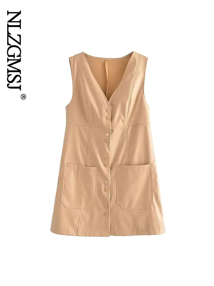 

Модное однотонное мини-платье из искусственной кожи Nlzgmsj 2022, женское платье без рукавов с одной пуговицей и V-образным вырезом, элегантное же...