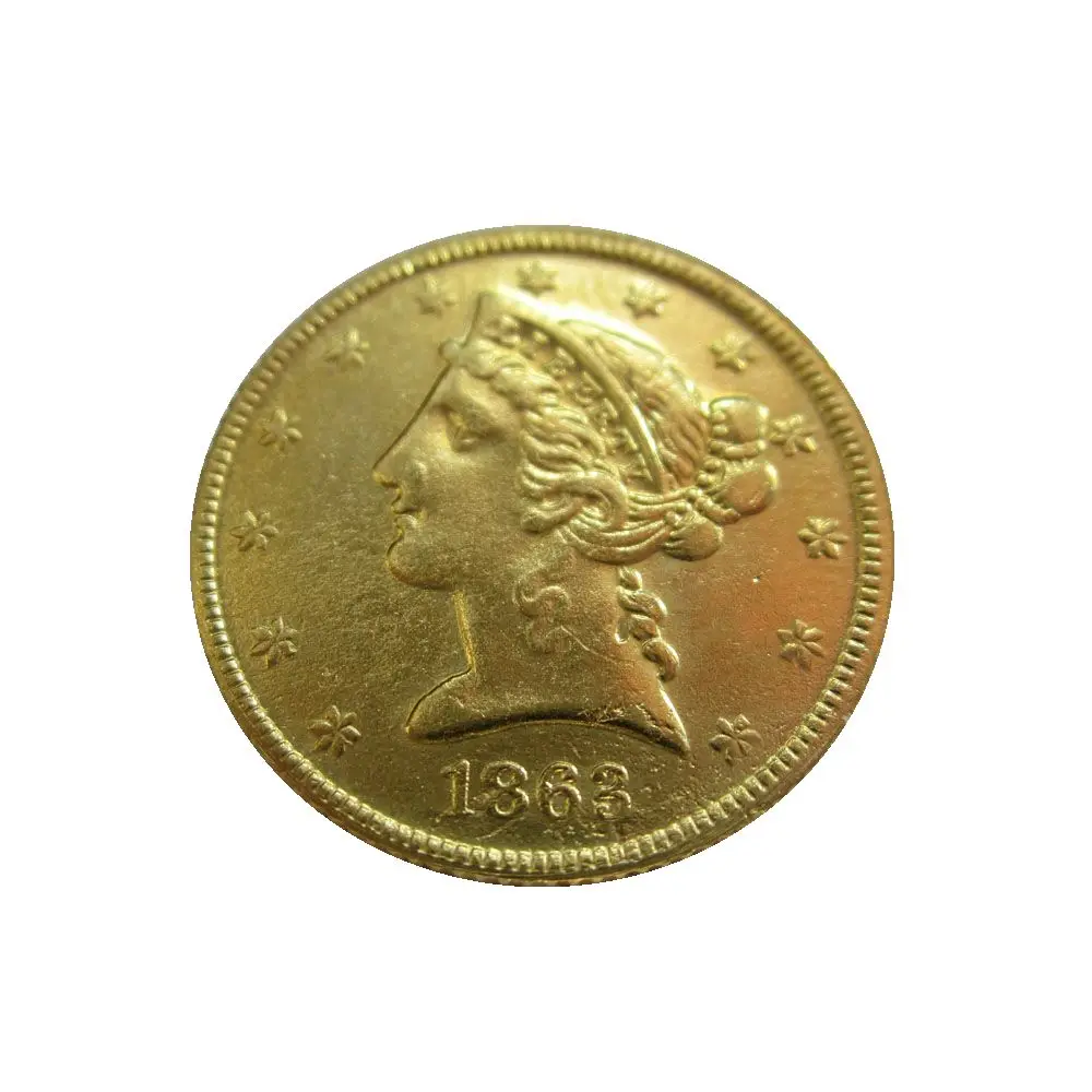 

Копия монеты с головой свободы США 1863 P, S $5 позолоченные (половина Eagles)