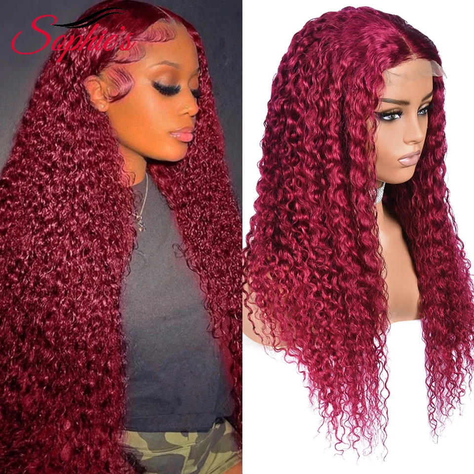 Sophies Burgundy Colored Human Hair Wigs 4*4 Lace Closure 180% Density Deep Wave Wigs For Women Brazilian Hair 14-28 Inches