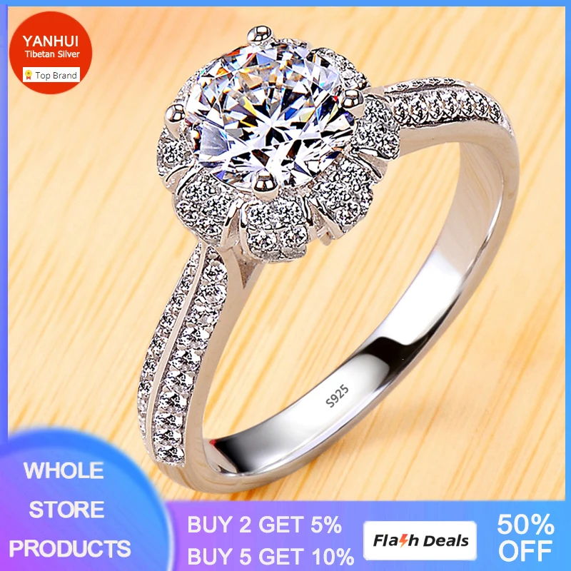 

YANHUI Fashion Artistic Flower Design Never Fade White Tibetan Silver Rings Women Jewelry Round Zirconia Diamant Wedding Bands