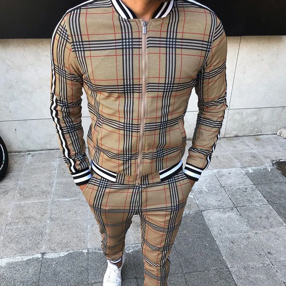 

New Plaid Tracksuit Men's Sets Gentleman Jacket Sportswear Sport Suit 3D Print Male 2 Piece Set Sweatpants Chandals Man Clothes